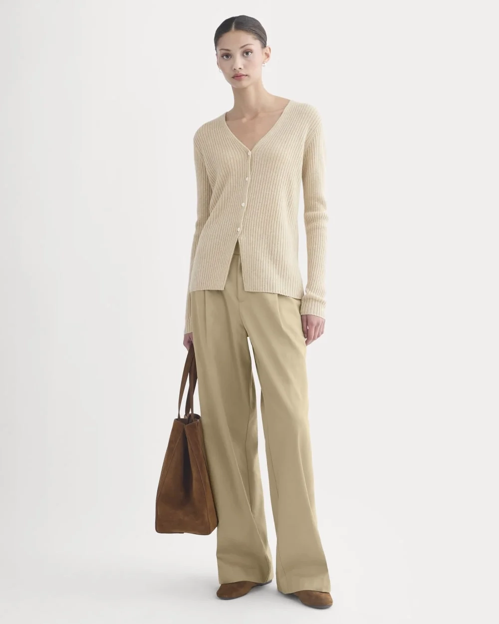 Cashmere Ribbed V-Neck Cardigan | Heather Light Camel (4)