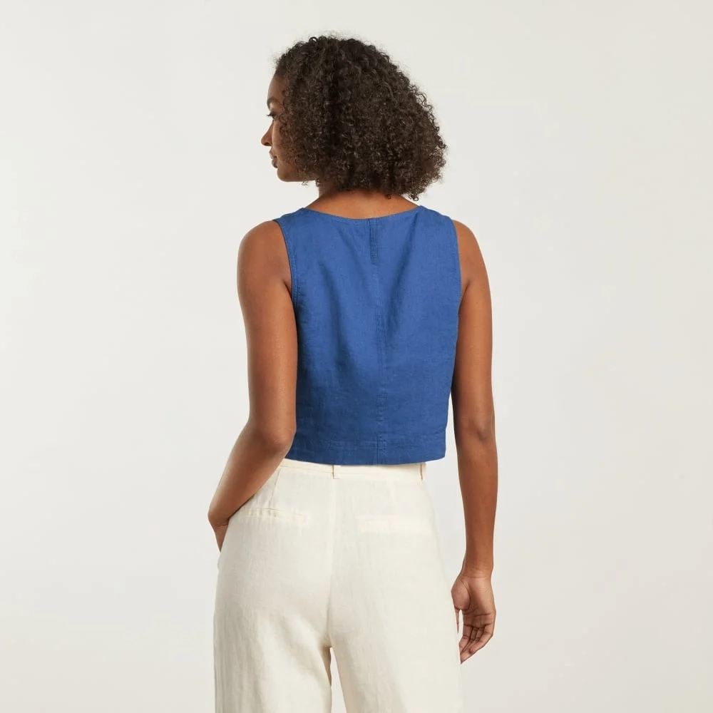 The Linen Button-Front Crop Tank | Deep Blue (6)