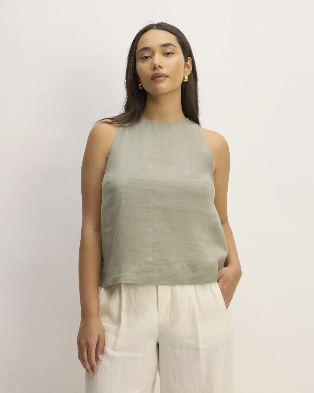 The Linen High-Neck Tank | Sage Green