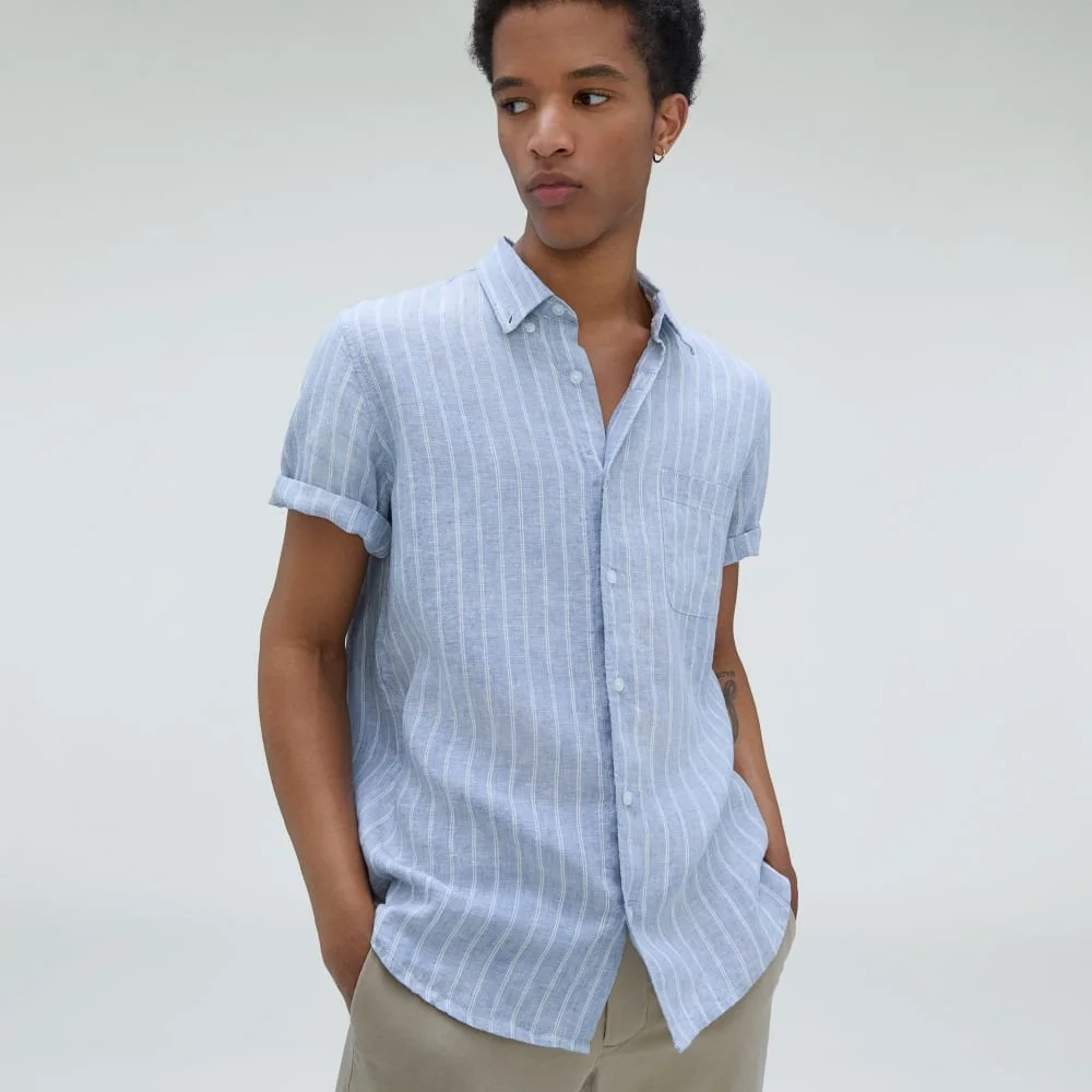 The Classic Short-Sleeve Shirt in Linen | Blue / White (6)