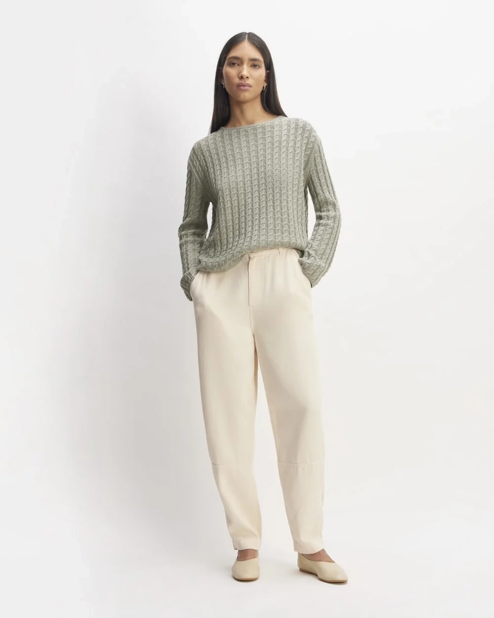 The Cotton Merino Cable Crew | Sage Green (2)