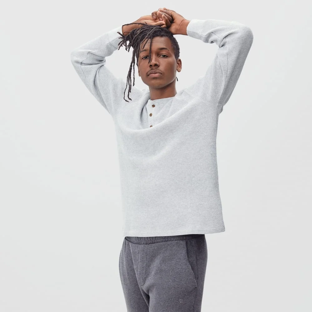 The Waffle Long-Sleeve Henley Tee | Heathered Light Grey (4)