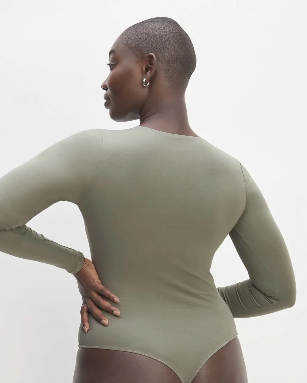 The Long-Sleeve Supima® Square-Neck Bodysuit | Dark Sage | Thong (6)