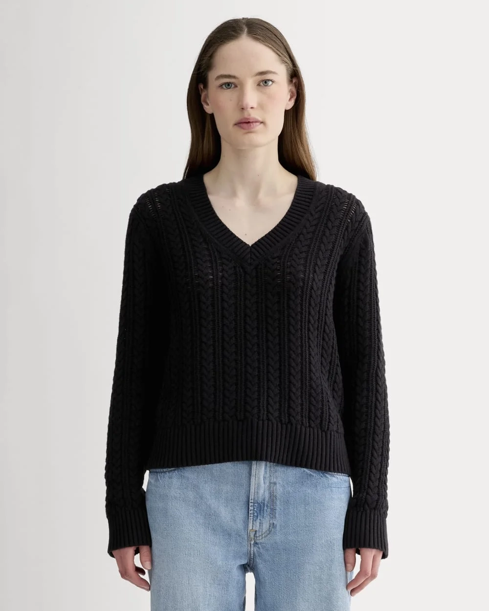 The Mesh Cable V-Neck in Everyday Cotton | Black