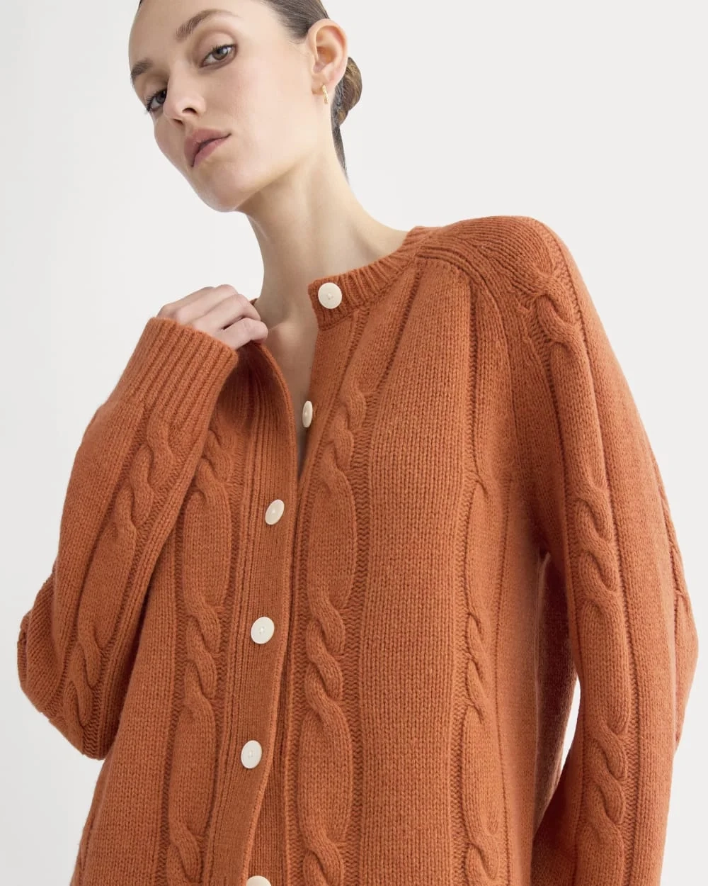 Cable Cardigan in Extrafine Luxe Merino | Rust Heather (5)