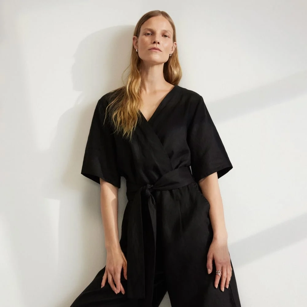 The Wrap Jumpsuit in Linen | Black (5)