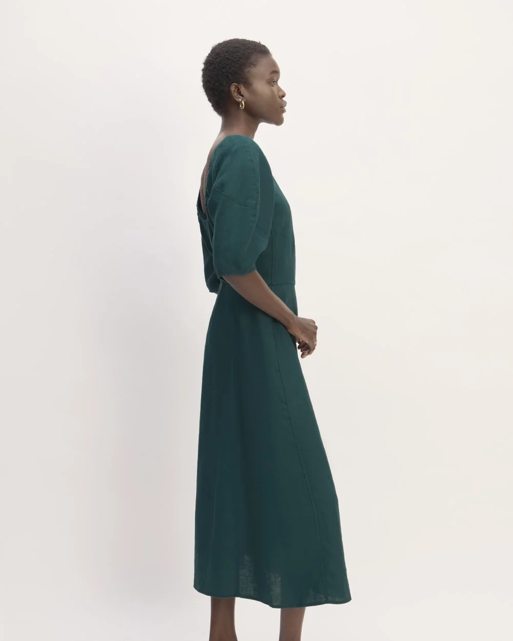 The Linen Short-Sleeve Scoop Midi Dress | Dark Sea (3)