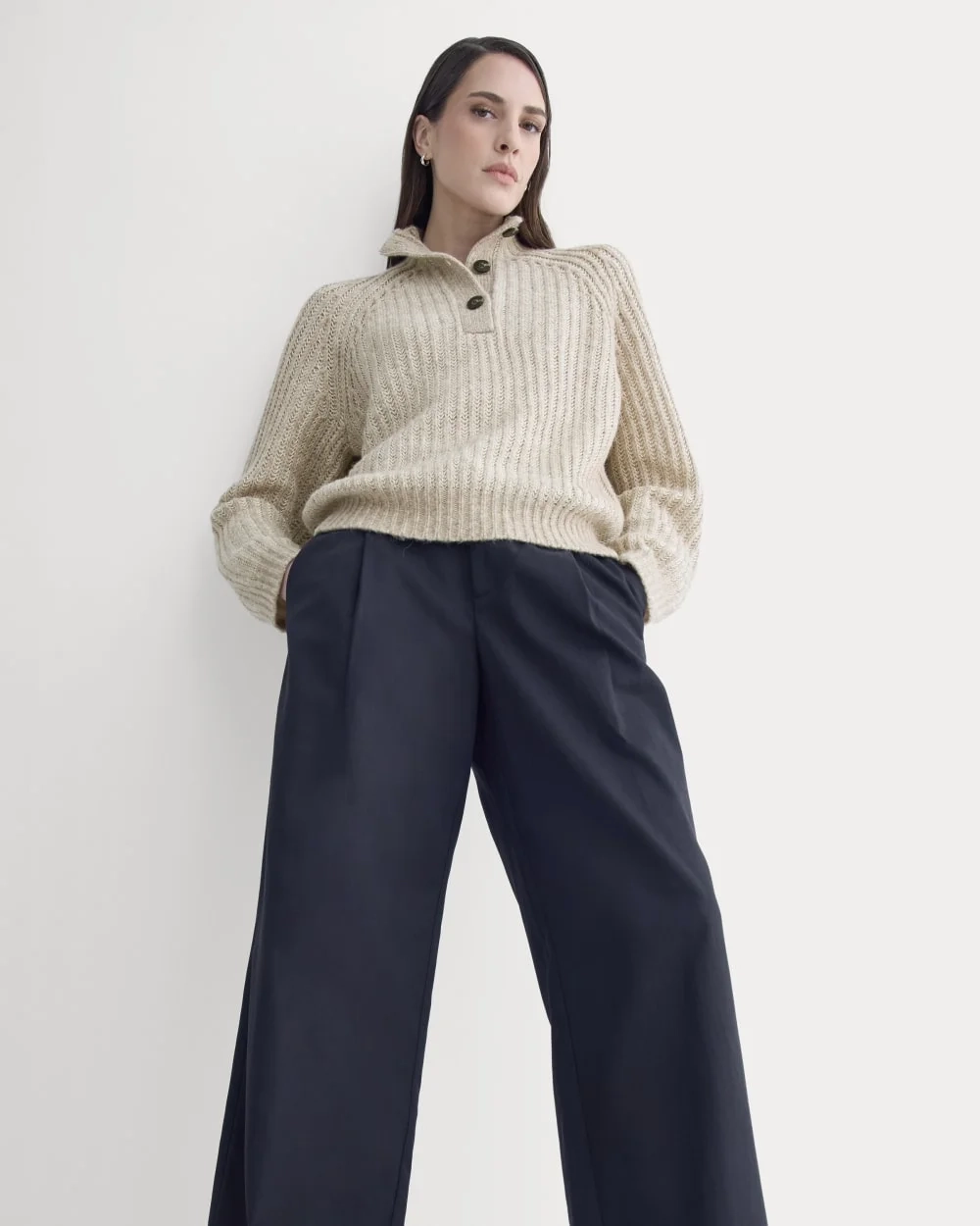 Funnel-Neck Ribbed Henley Sweater | Heathered Almond / Bone Vertical Stripe (5)