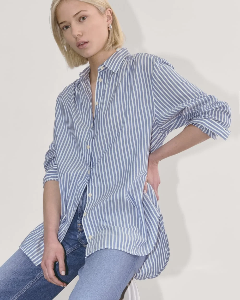 The Gathered Shirt in Silky Cotton | Bone / Mazarine Blue (4)