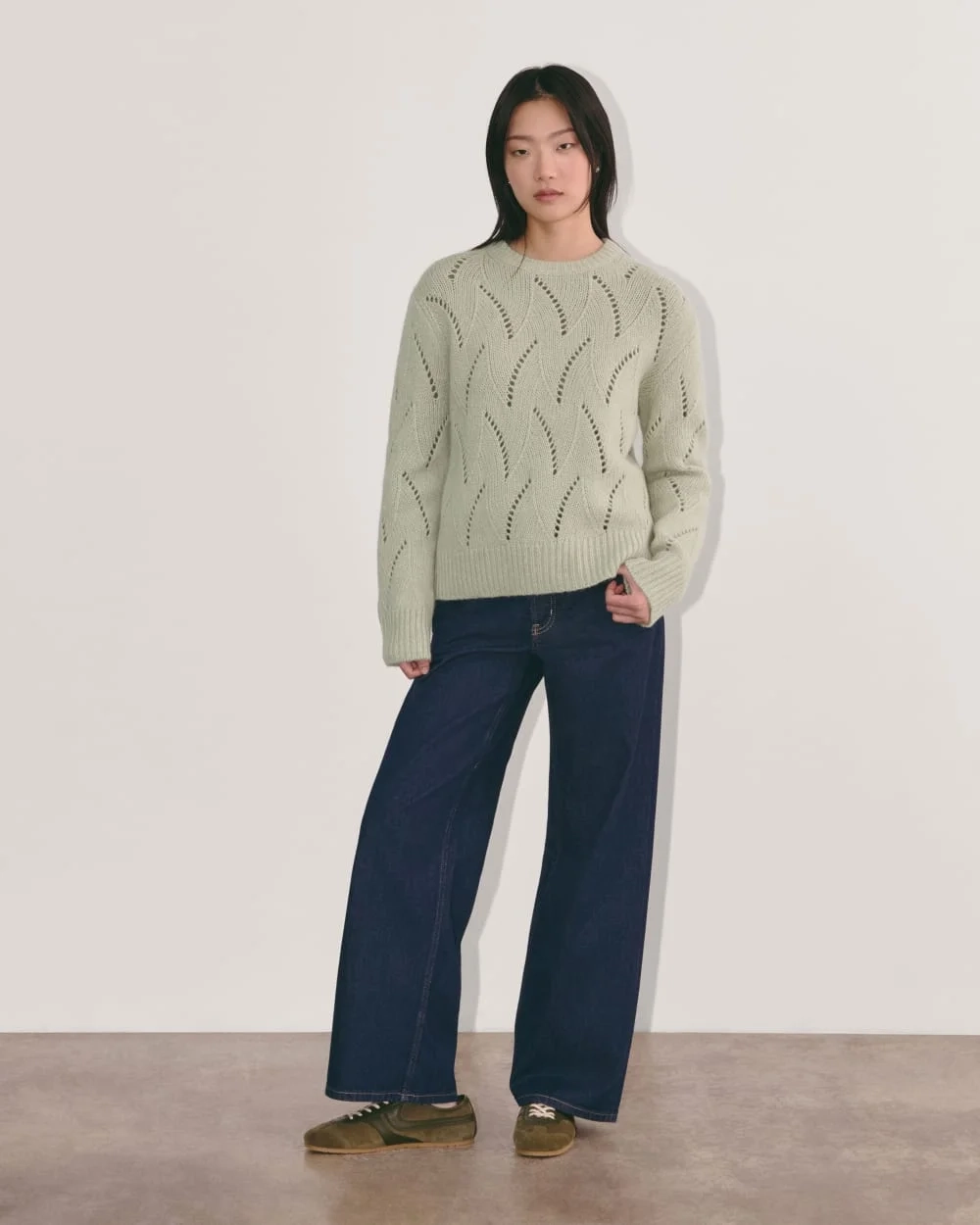 The Pointelle Sweater in Cloud | Seagrass (5)