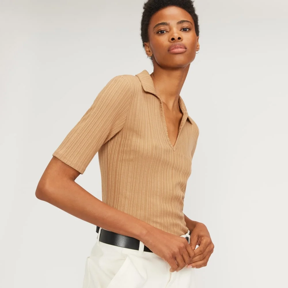 The Rib Soft Knit Open Collar Polo | Caramel (5)