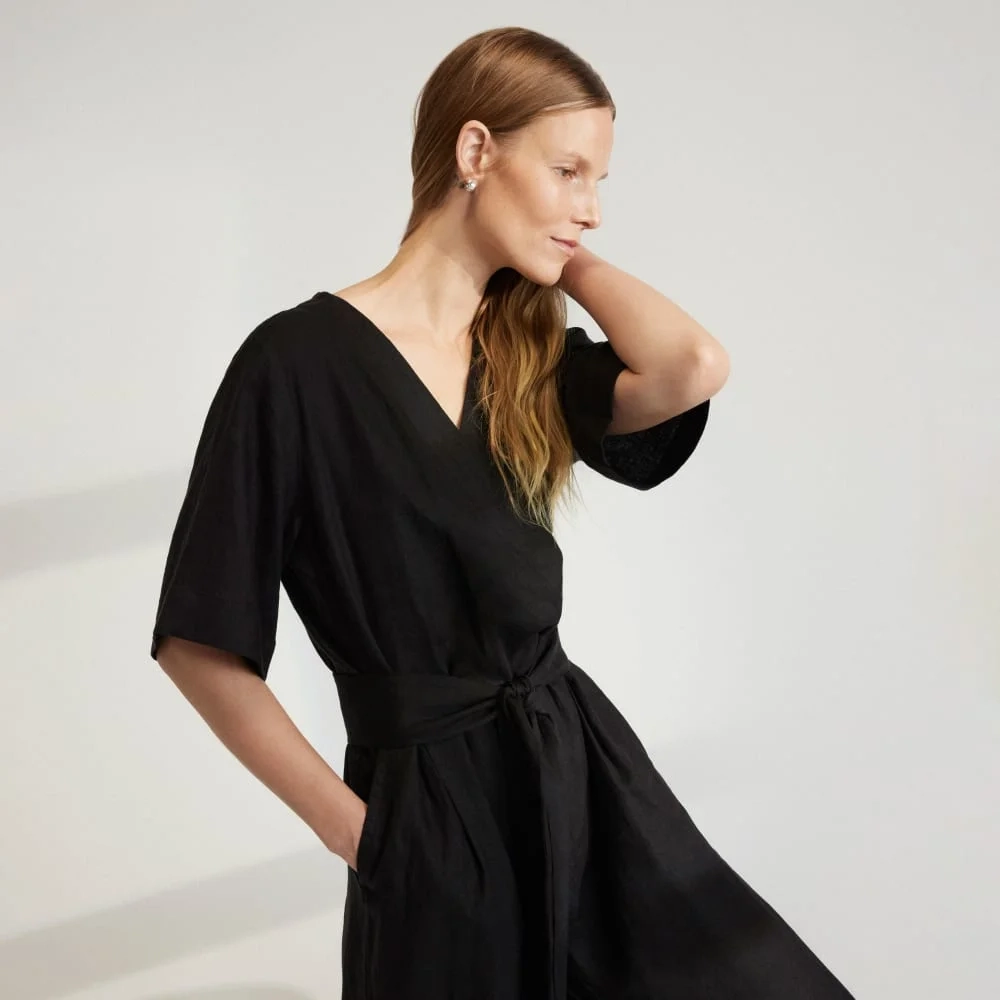 The Wrap Jumpsuit in Linen | Black (6)