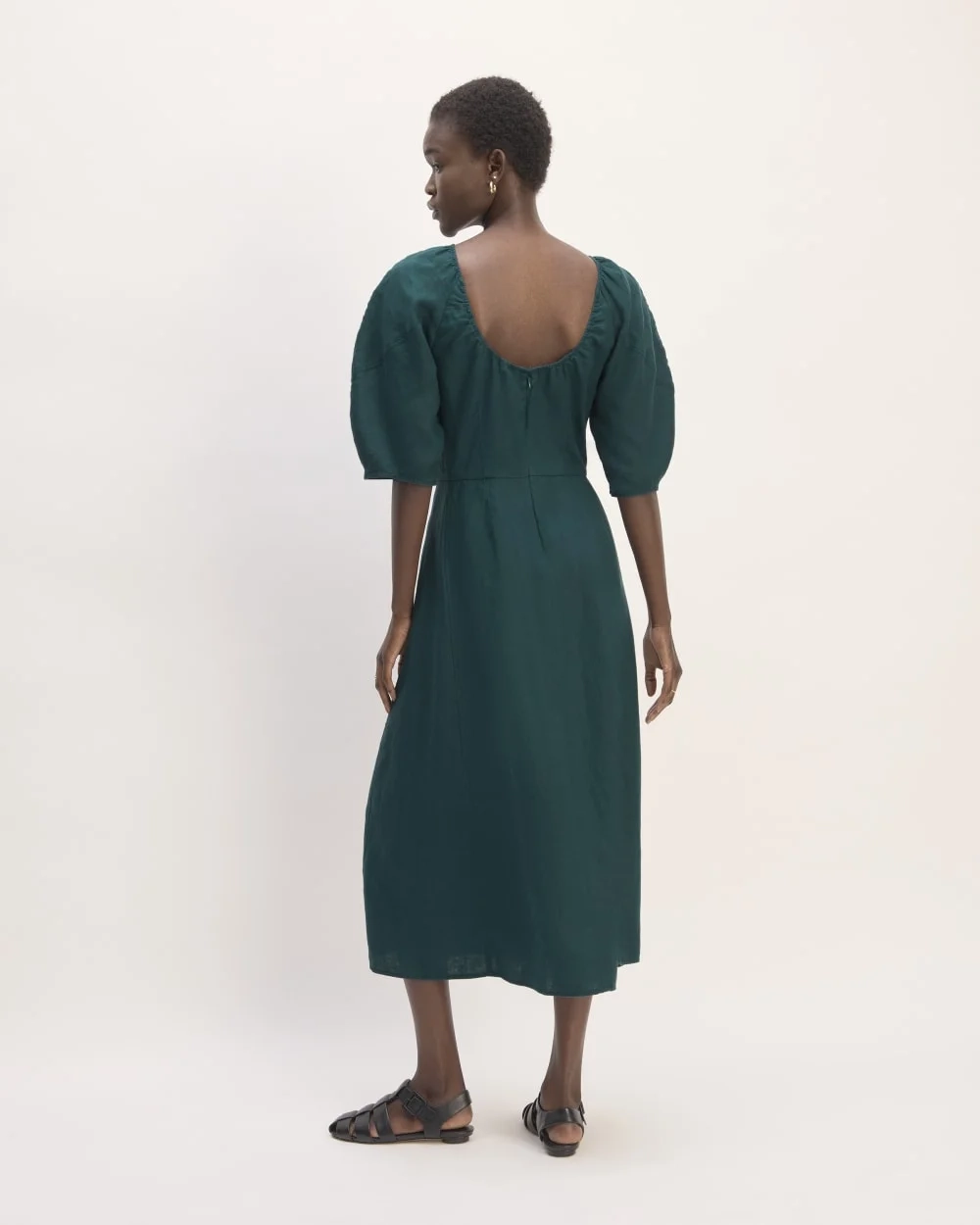 The Linen Short-Sleeve Scoop Midi Dress | Dark Sea (5)