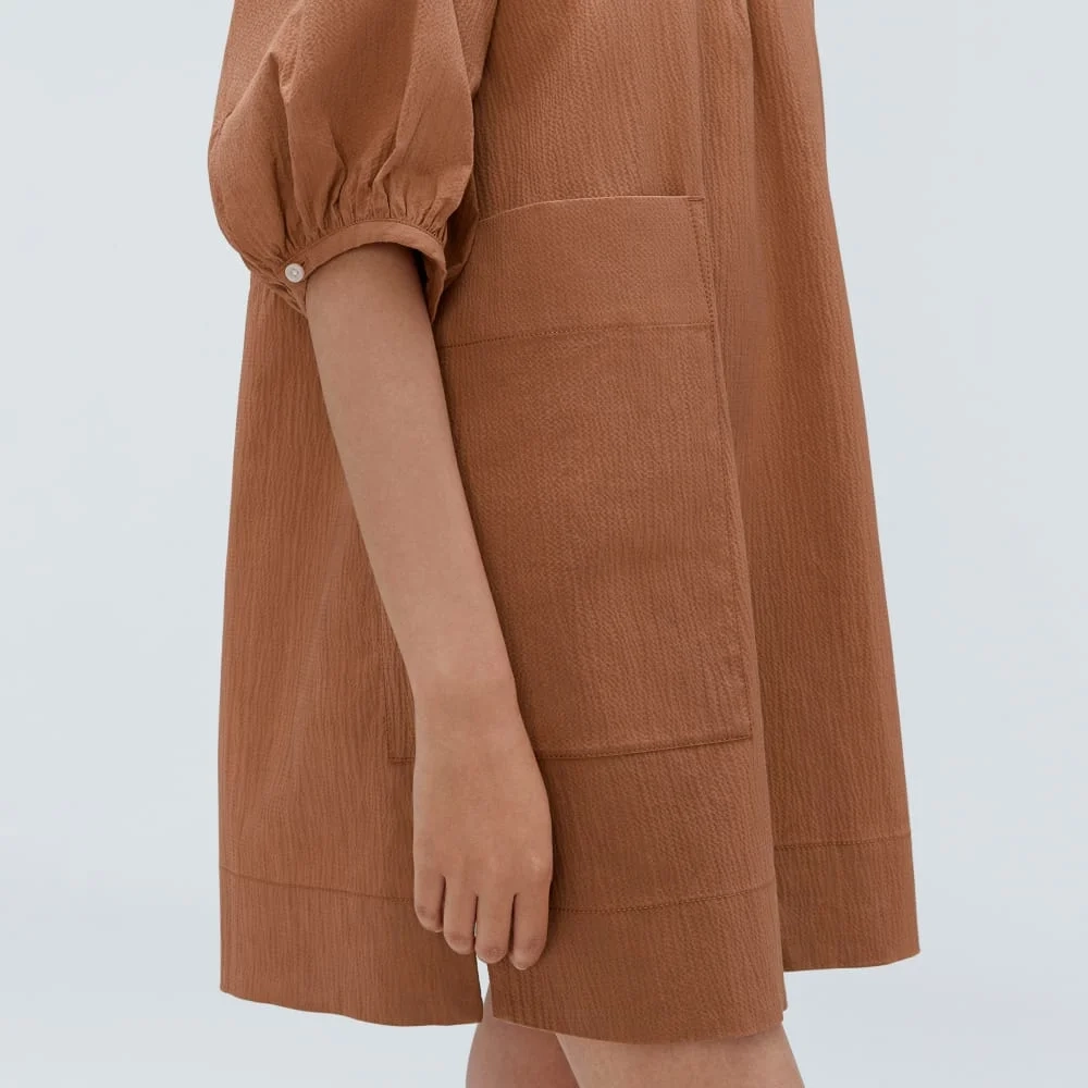 The Seersucker Puff Sleeve Dress | Tawny Brown (2)