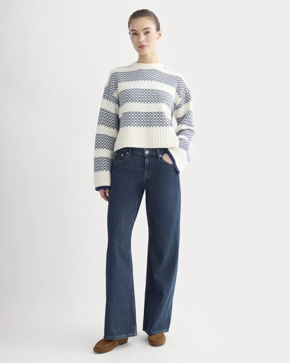 Nordic Cropped Boxy Crew in Luxe Merino | Bone/True Navy (3)