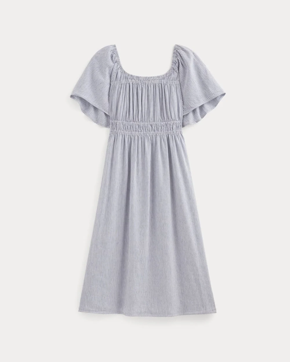 The Flutter-Sleeve Dress in Stretch Linen | White / Dutch Blue (5)