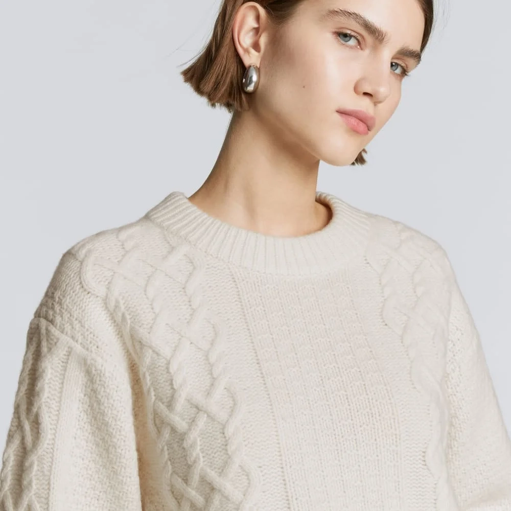 The Felted Merino Cropped Cable Sweater | Bone (7)