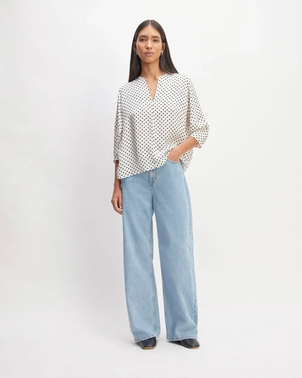 The Hammered Satin Balloon Sleeve Top | Bone / Black Polka Dot (6)