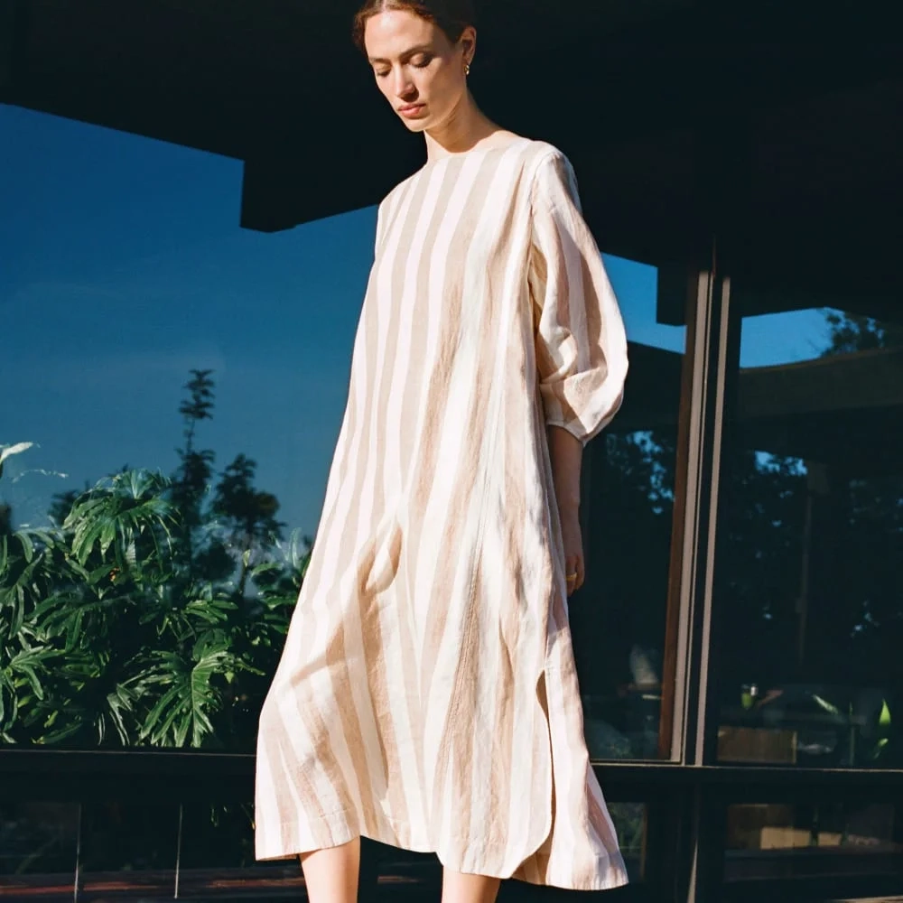 The Linen A-Line Midi Dress | Bone / Caramel (6)