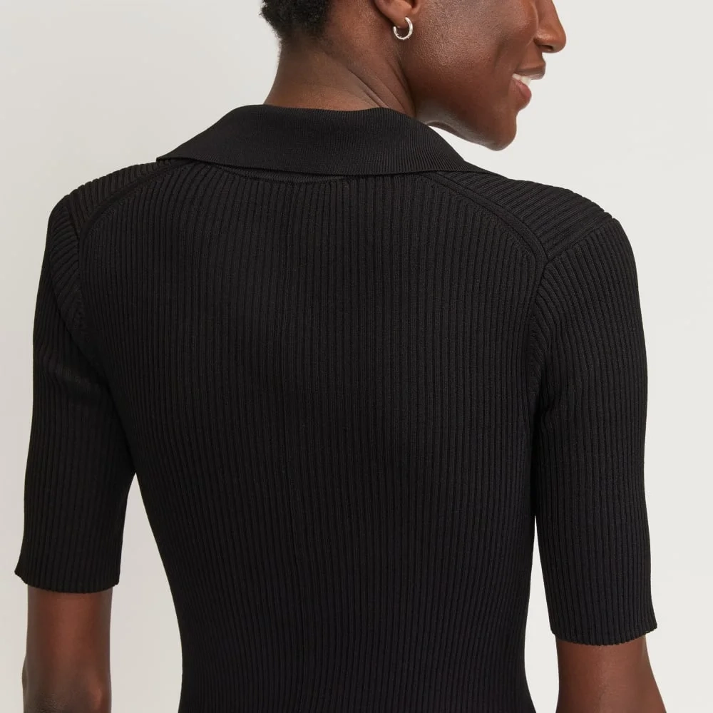 The Ribbed Short-Sleeve Polo Dress | Black (5)