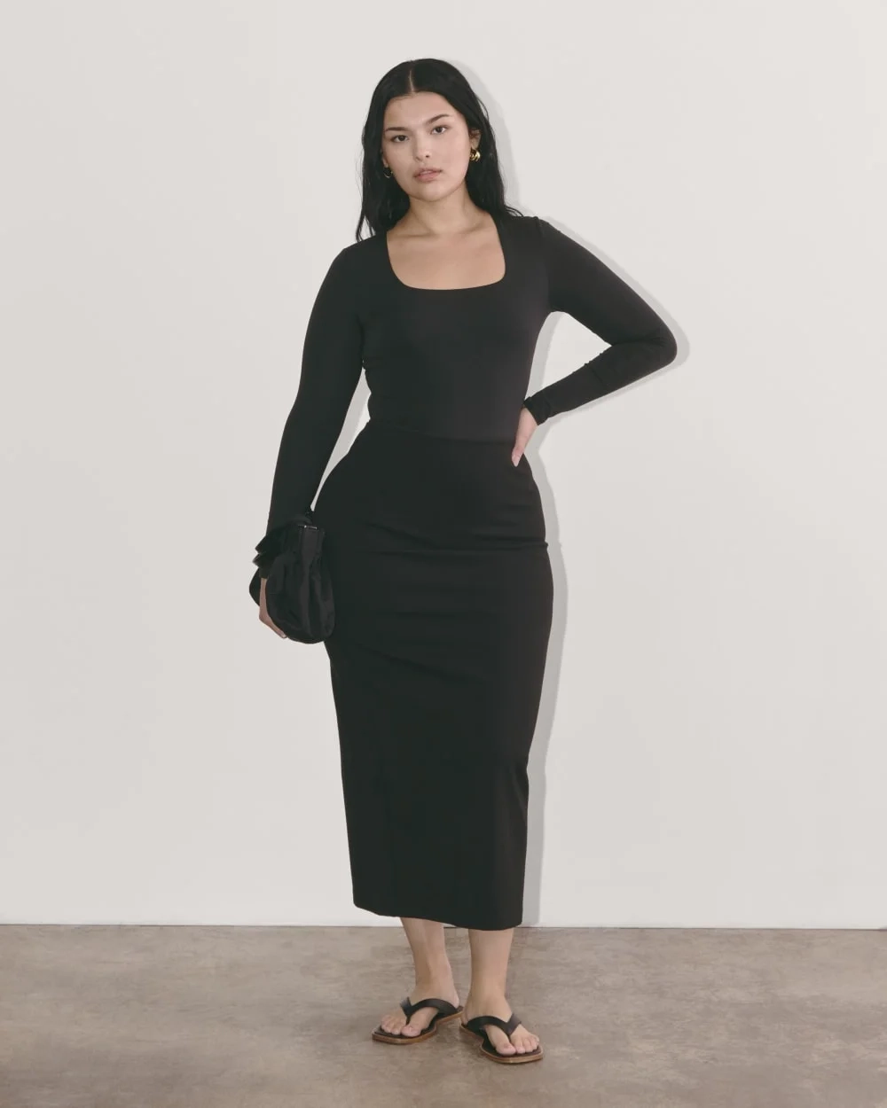 The Long-Sleeve Supima® Square-Neck Bodysuit | Black | Thong