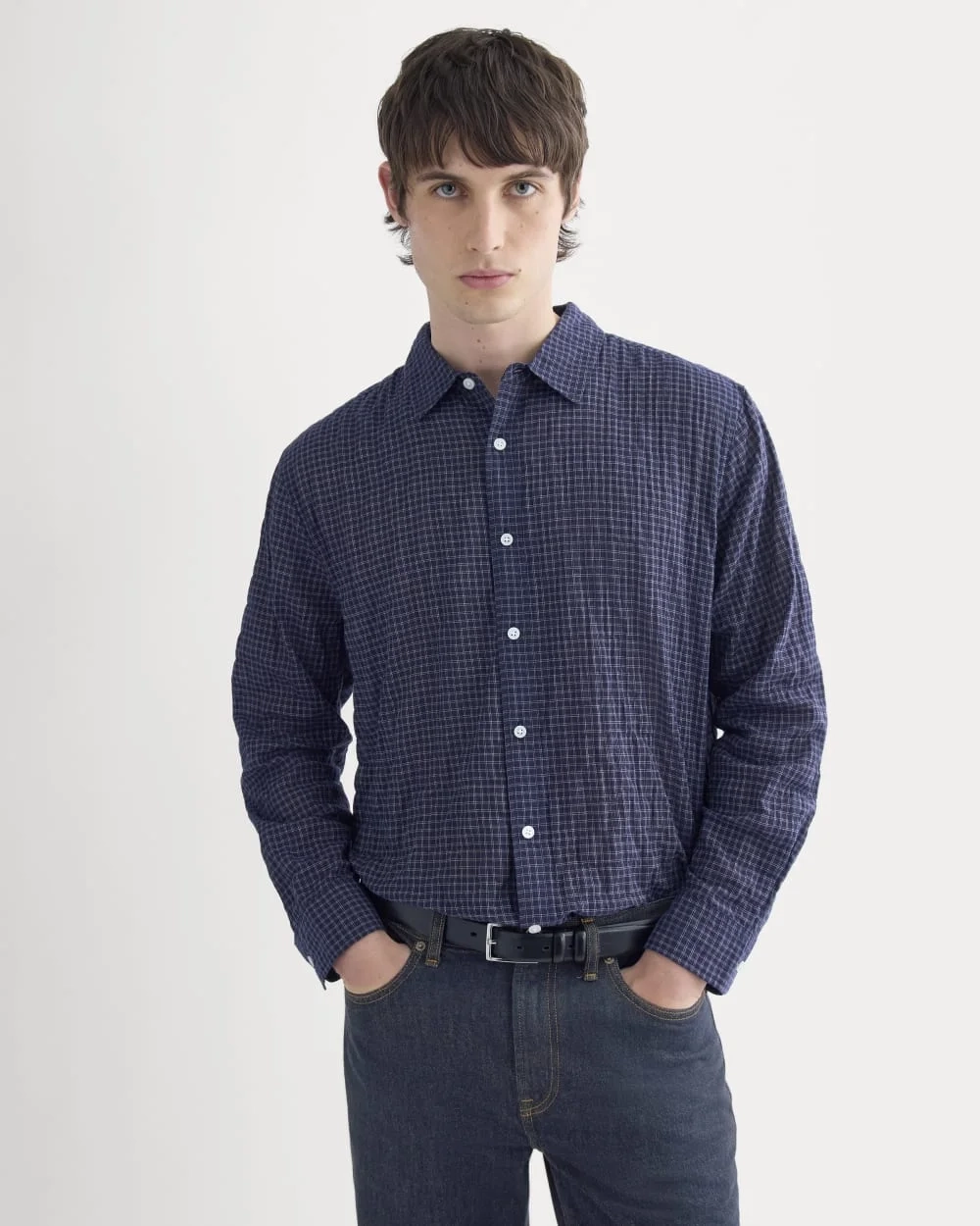Textured Voile Button-Up Shirt | Navy Plaid