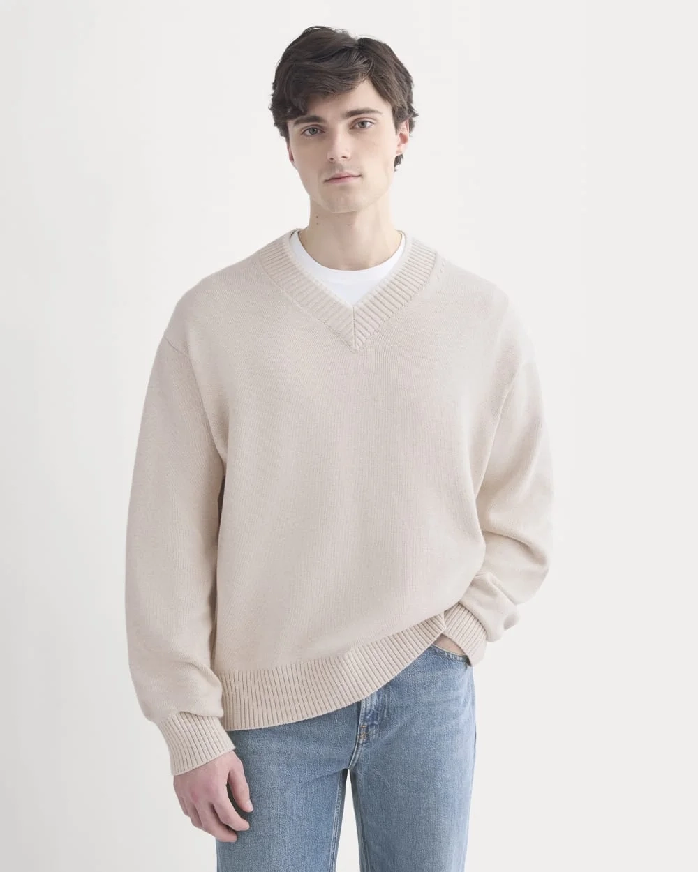 Relaxed V-Neck Sweater in Everyday Cotton | Heathered Oat