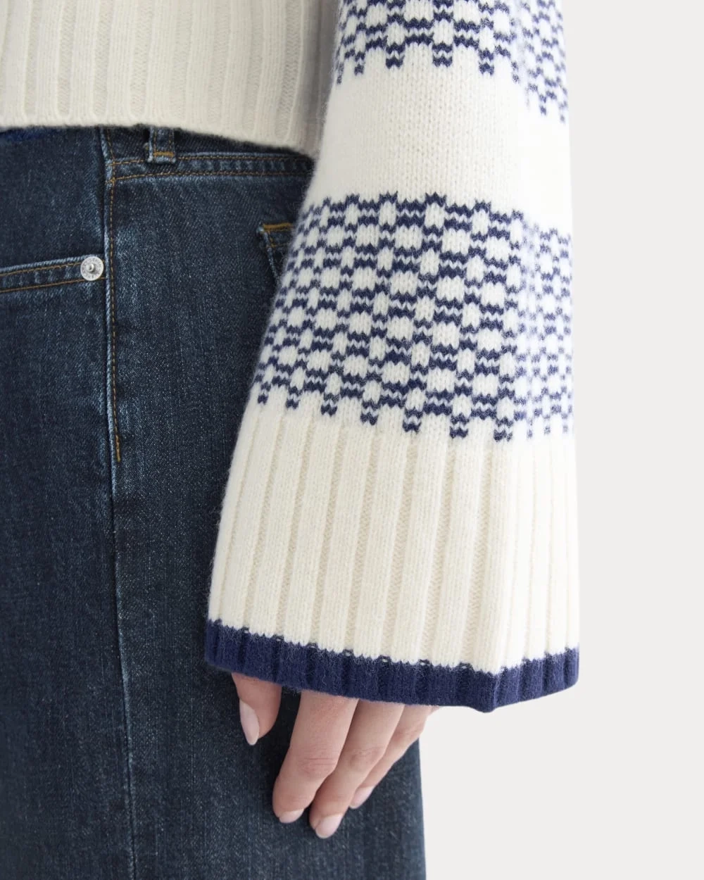Nordic Cropped Boxy Crew in Luxe Merino | Bone/True Navy (5)